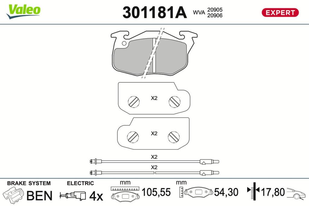 Jeu de 4 plaquettes de frein VALEO ref. 301181A